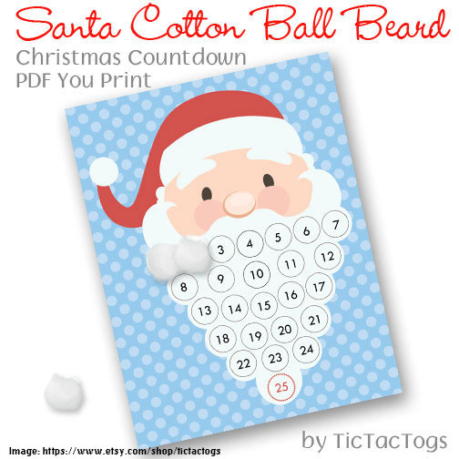 Santa Christmas Countdown Advent Calendar Cotton Ball Beard PDF - Tictactogs
